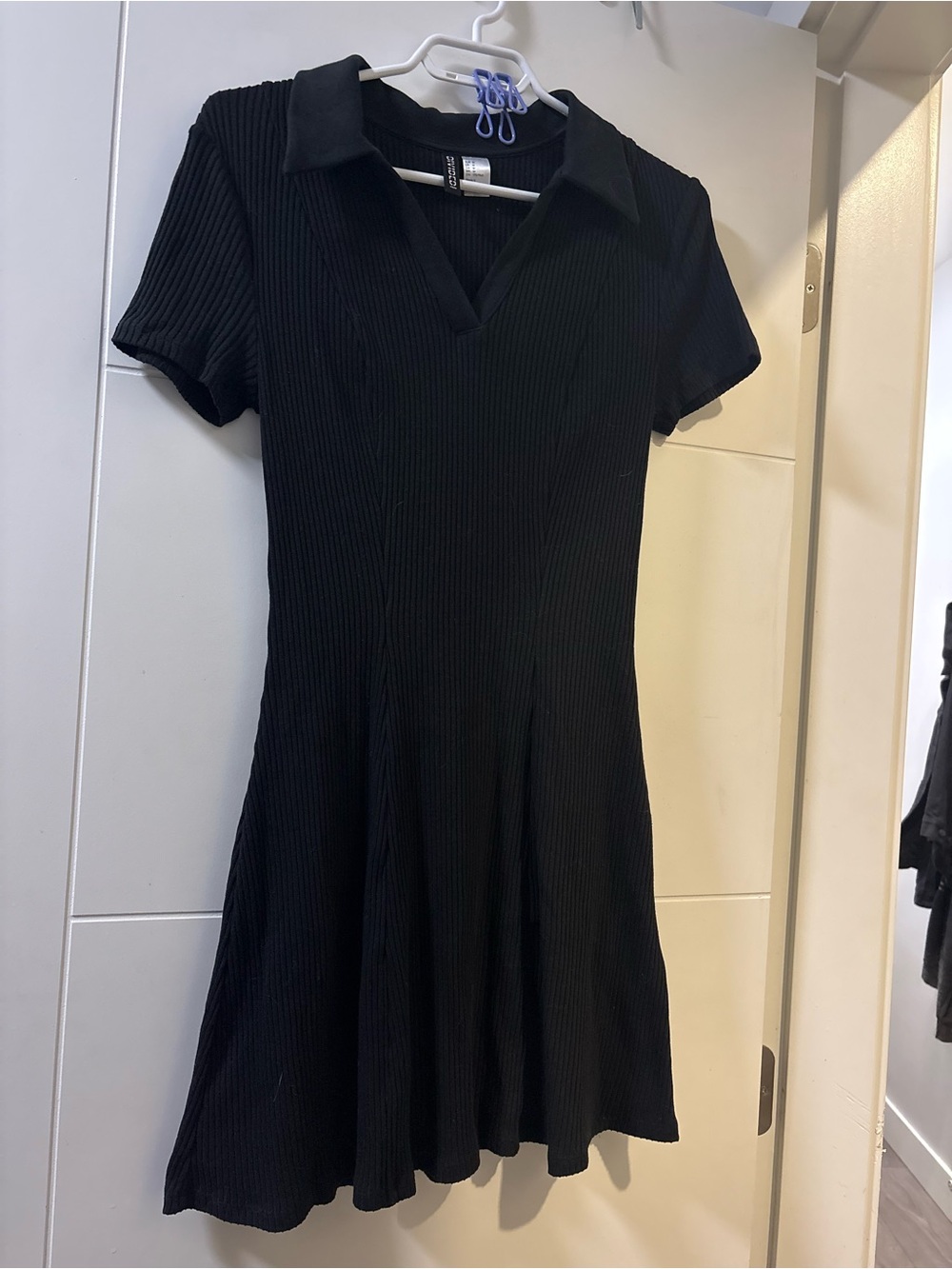 H&M Black Short-Sleeve Ribbed Polo Mini Dress